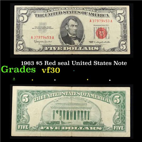 1963 $5 Red seal United States Note Grades vf++