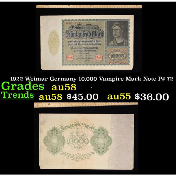 1922 Weimar Germany 10,000 Vampire Mark Note P# 72 Grades Choice AU/BU Slider