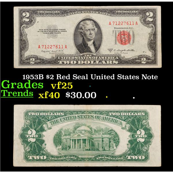 1953B $2 Red Seal United States Note Grades vf+