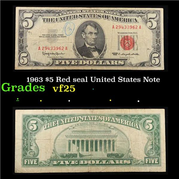 1963 $5 Red seal United States Note Grades vf+