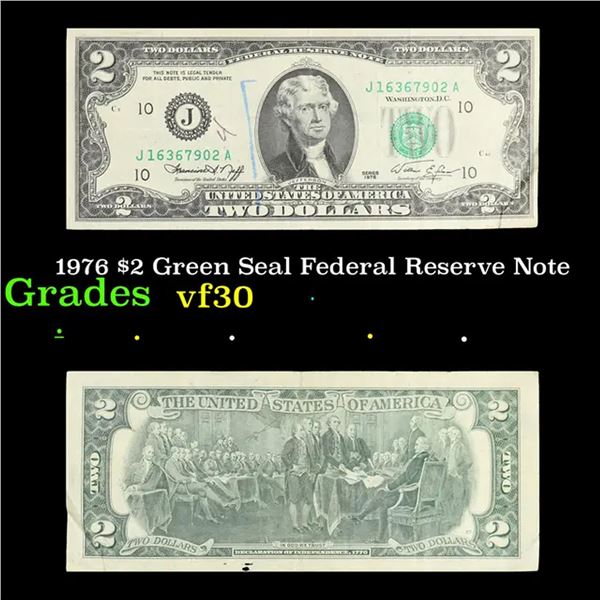 1976 $2 Green Seal Federal Reserve Note Grades vf++