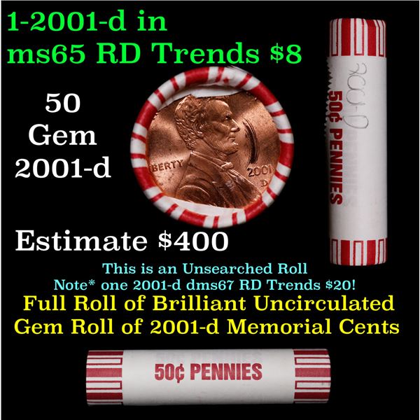 Shotgun Lincoln 1c roll, 2001-d 50 pcs Brandt 50c Wrapper.