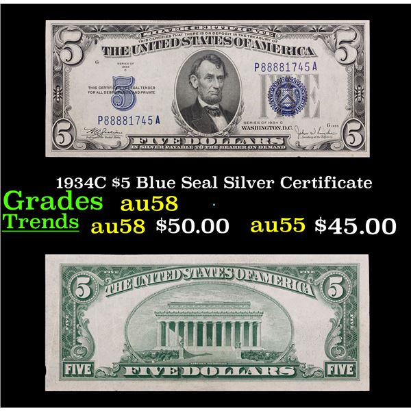 1934C $5 Blue Seal Silver Certificate Grades Choice AU/BU Slider