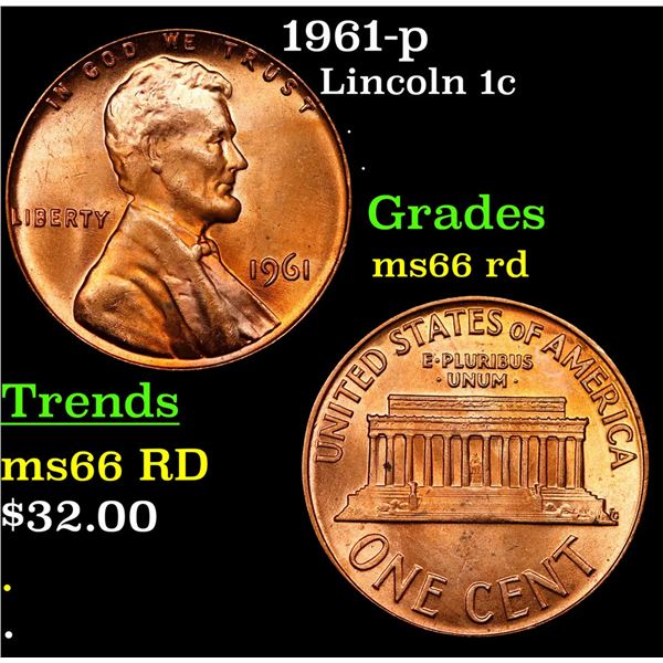 1961-p Lincoln Cent 1c Grades GEM+ Unc RD
