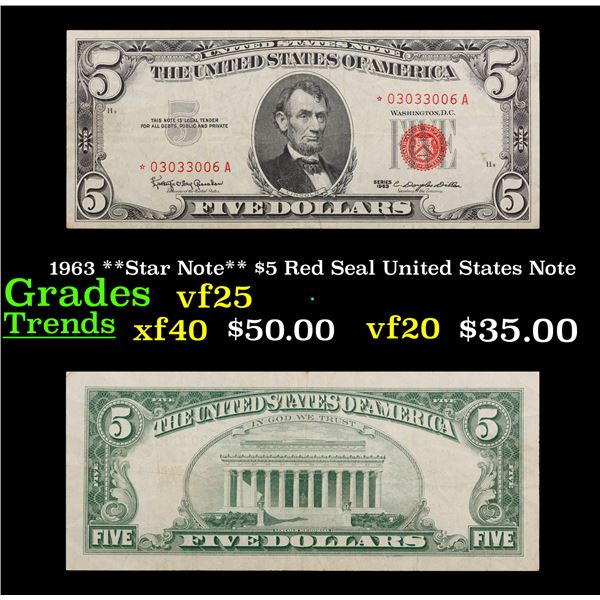 1963 **Star Note** $5 Red Seal United States Note Grades vf+