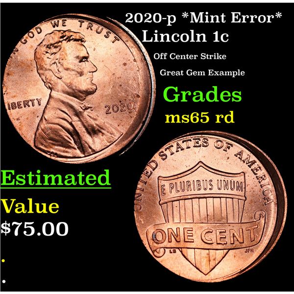 2020-p *Mint Error* Lincoln Cent 1c Grades GEM Unc RD