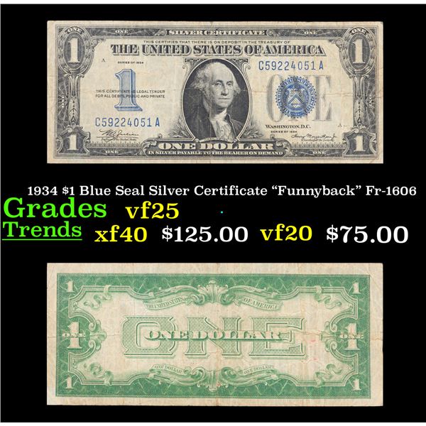 1934 $1 Blue Seal Silver Certificate "Funnyback" Fr-1606 Grades vf+