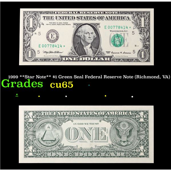 1999 **Star Note** $1 Green Seal Federal Reserve Note (Richmond, VA) Grades Gem CU