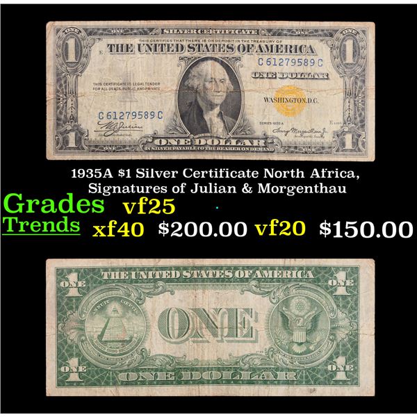 1935A $1 Silver Certificate North Africa, Signatures of Julian & Morgenthau Grades vf+