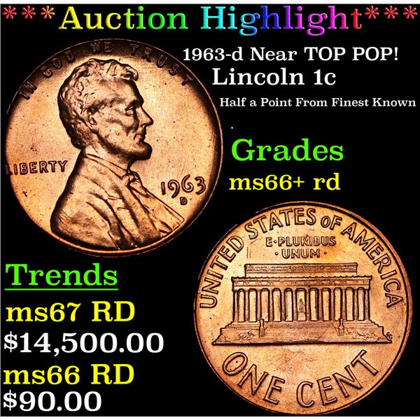 ***Auction Highlight*** 1963-d Lincoln Cent Near TOP POP! 1c Graded GEM++ RD BY USCG (fc)