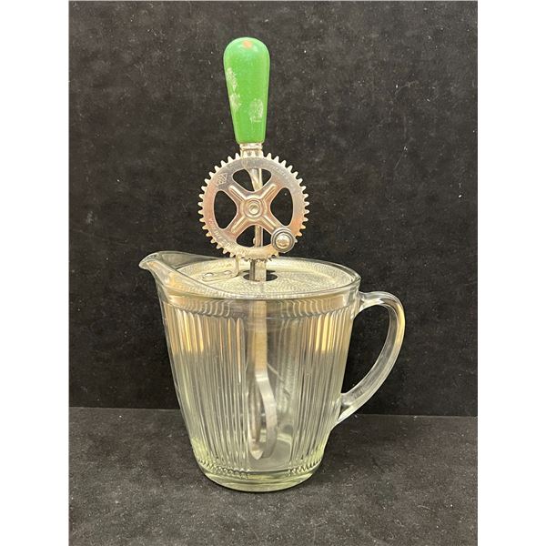 Vintage Manual Hand Crank Mixer & Ribbed Glass Pitcher (pitcher approx