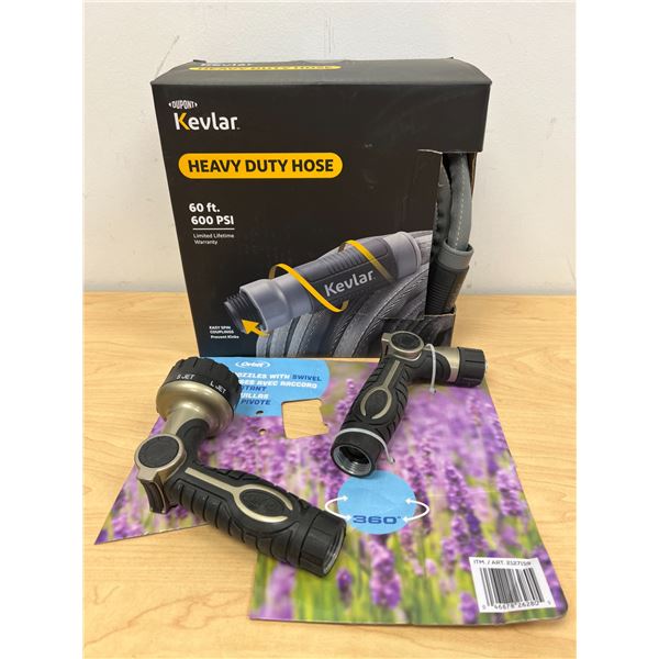 60 Foot Dupont Kevlar Garden Hose & 2 Water Nozzles as pictured Looks new