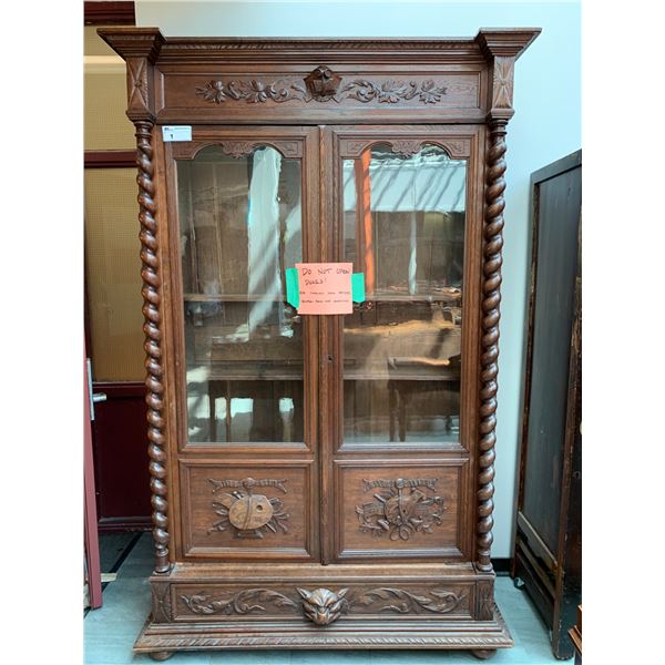 BARLEY TWIST CARVED GLASS FRONT WOOD 2 DOOR CABINET APPROX 89"X57"X19"