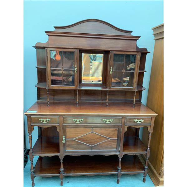 MIRRORED WOOD 3 DOOR 3 DRAWER MULTI-TIER CABINET APPROX 70"X60"X17"