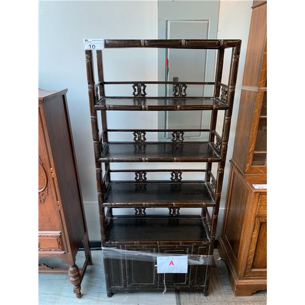 5 TIER 2 DOOR WOOD SHELVING UNIT APPROX 71"X30"X12"