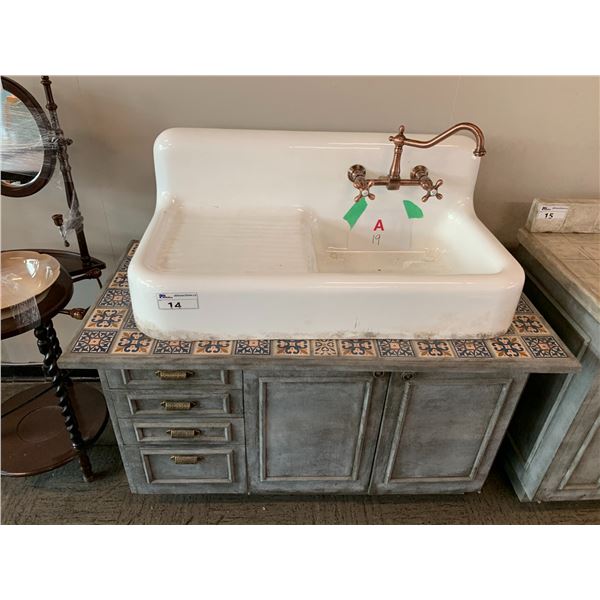 VINTAGE CERAMIC WASH STATION & 2 DOOR 4 DRAWER WOOD BATHROOM CABINET APPROX 46"X52"X26"