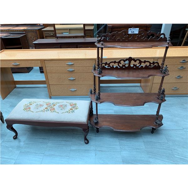 4 TIER CARVED BACK WOOD SHELVING UNIT APPROX 51"X41"X12" & FLORAL MOTIF HALL BENCH APPROX 15"X39"...