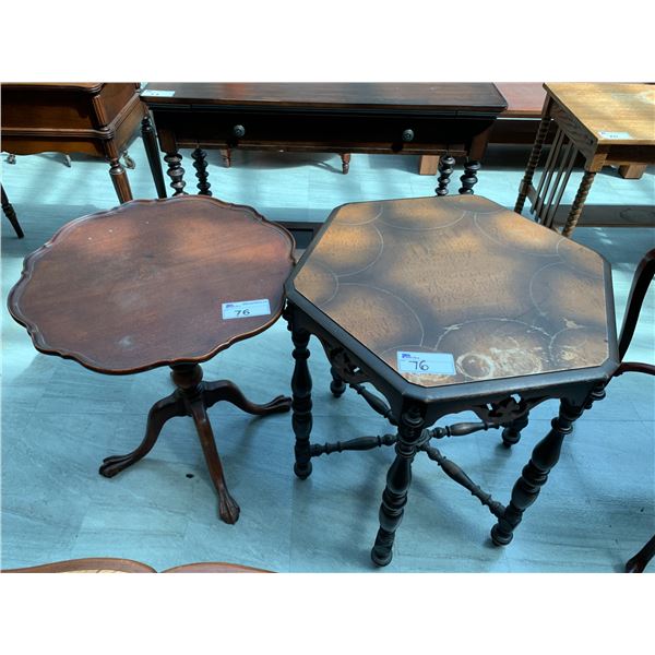 CLAW FOOT ROUND WOOD TABLE APPROX 28 X26  & HEXAGONAL WOOD TABLE APPROX 30 X27 X30 