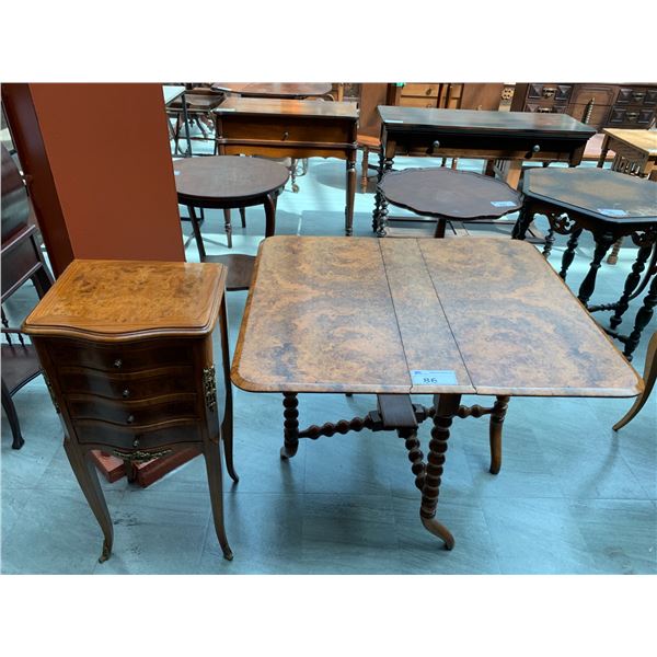 FOLDING WOOD TABLE APPROX 28"X39"X33" & 4 DRAWER WOOD CABINET APPROX 34"X16"X13"