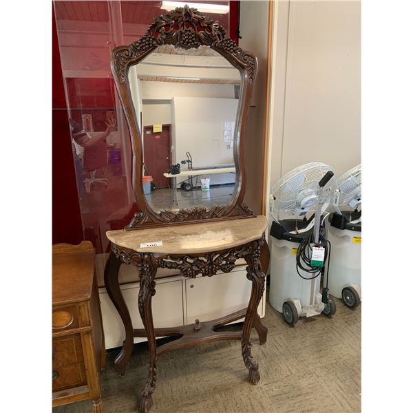 HEAVILY CARVED MARBLE TOP VANITY WITH MIRROR APPROX 78 X36 X16 