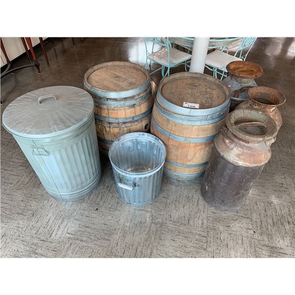 2 OAK BARRELS, 2 TIN WASTE BINS & 3 VINTAGE METAL URNS