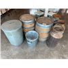 Image 1 : 2 OAK BARRELS, 2 TIN WASTE BINS & 3 VINTAGE METAL URNS