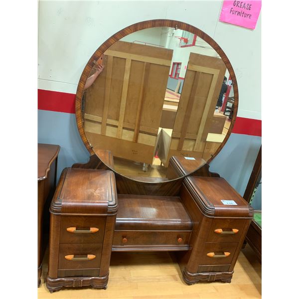 5 DRAWER WOOD VANITY WITH LARGE ROUND MIRROR APPROX 70"X52"X18"