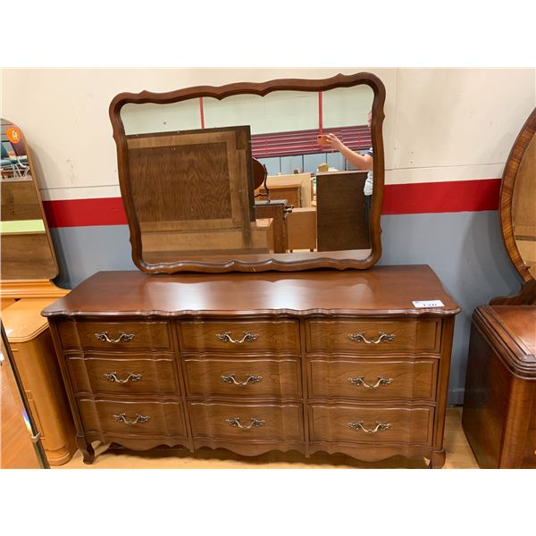 9 DRAWER WOOD DRESSER WITH LARGE RECTANGULAR MIRROR APPROX 32"X65"X19"