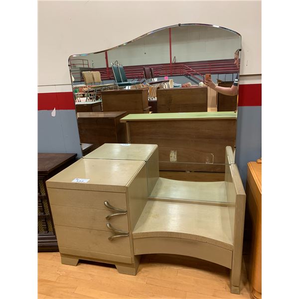 3 DRAWER WOOD VANITY WITH LARGE BEVELED MIRROR APPROX 60"X47"X18"