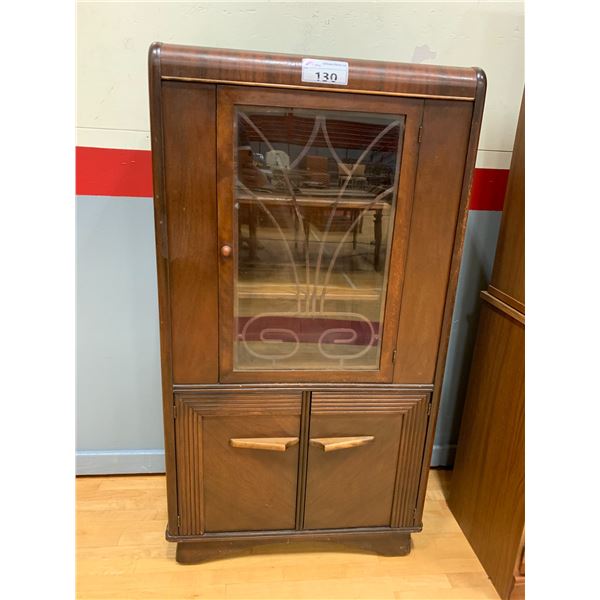 3 DOOR GLASS FRONT WOOD CABINET APPROX 57"X30"X15"