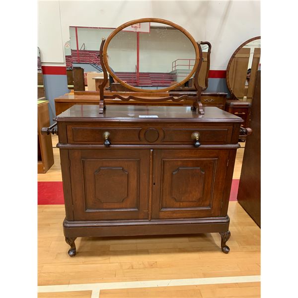 ANTIQUE WOOD WASH STAND WITH OVAL MIRROR & SOME BOOK CONTENTS APPROX 56"X46"X17"