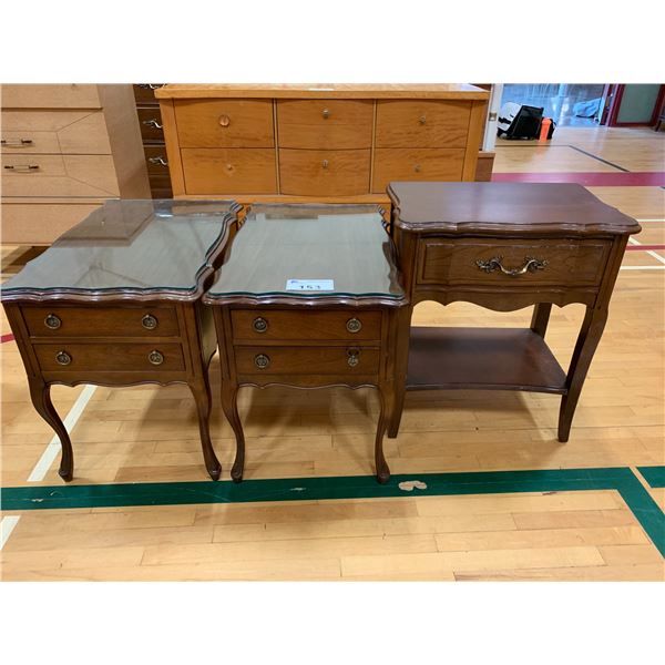 2 2 DRAWER GLASS TOP WOOD END TABLES APPROX 22 X18 X28  & 1 DRAWER WOOD NIGHT STAND APPROX 26 X22...