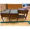 Image 1 : 2 2 DRAWER GLASS TOP WOOD END TABLES APPROX 22"X18"X28" & 1 DRAWER WOOD NIGHT STAND APPROX 26"X22...
