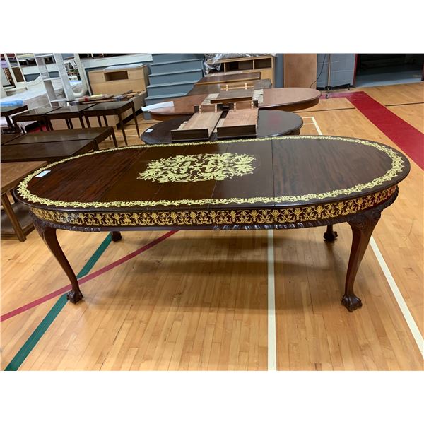 CLAW FOOT INLAID GOLD ACCENT WOOD DINING TABLE APPROX (31"X92"X41") WITH 3 LEAFS