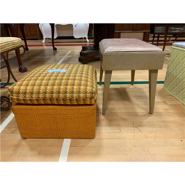 VINTAGE WOOD CUSHION TOP BENCH & VINTAGE WOVEN OTTOMAN