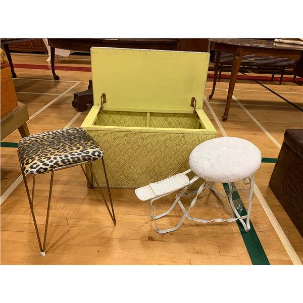 VINTAGE METAL CUSHION TOP STOOL WITH FOOTREST, VINTAGE METAL LEOPARD PRINT TOP STOOL & VINTAGE WH...