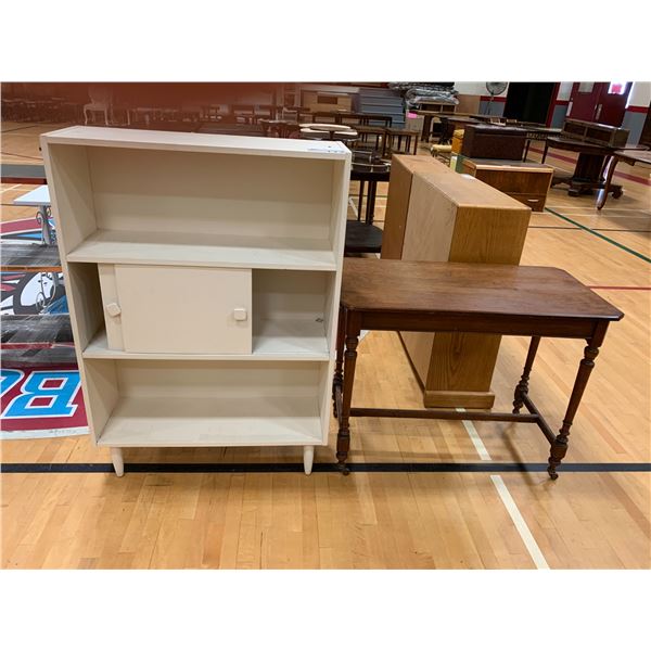 4 TIER WOOD SHELVING UNIT APPROX 46"X32"X11" & MOBILE WOOD TABLE APPROX 28"X36"X18"