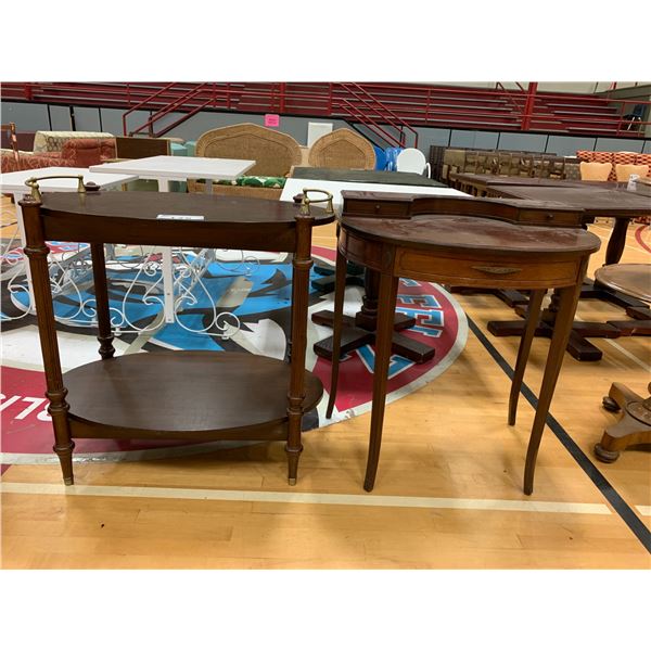 OVAL 2 TIER WOOD HALL TABLE APPROX 30"X33"X21" & 3 DRAWER WOOD HALL TABLE APPROX 30"X28"X20"