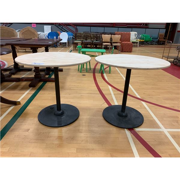 2 METAL BASE WOOD TOP ROUND TABLES APPROX 28 X30 