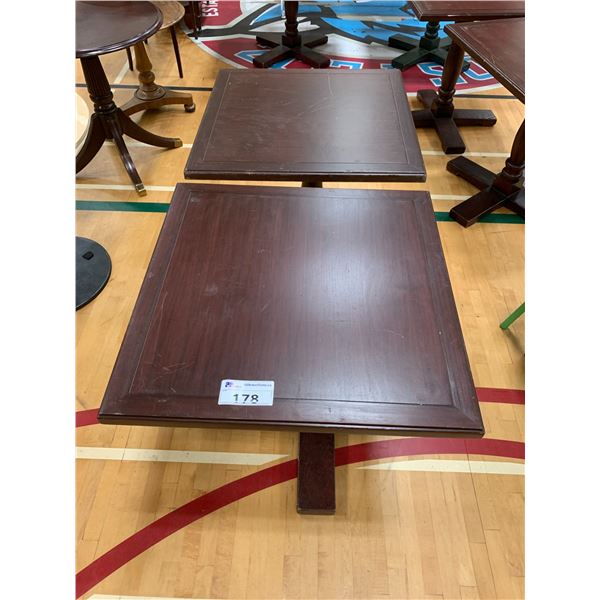 2 SQUARE WOOD TABLES (SOME DAMAGE) APPROX 30"X28"X28"