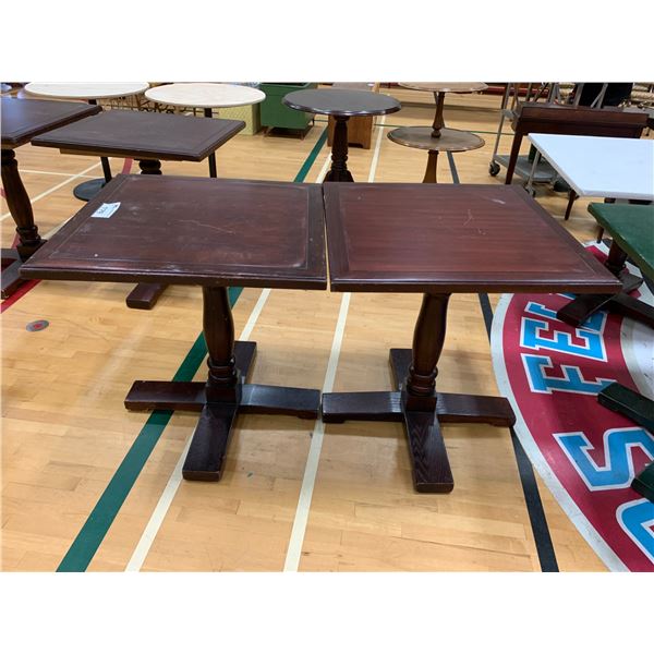 2 SQUARE WOOD TABLES (SOME DAMAGE) APPROX 30"X28"X28"