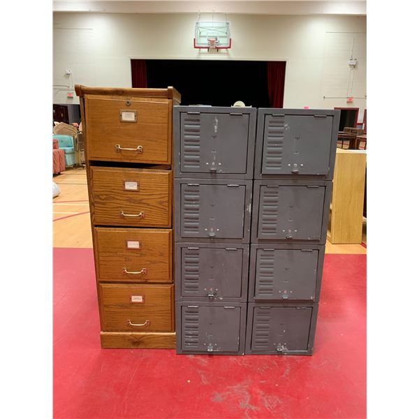 4 DRAWER WOOD FILING CABINET APPROX 51"X16"X16" & 2 4 DOOR METAL LOCKERS APPROX 48"X14"X18"