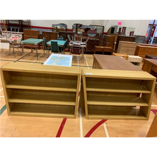 2 3 WOOD SHELVING UNITS (1 DAMAGED ON BACK, DOES NOT STAND STRAIGHT) APPROX 36"X48"X12"