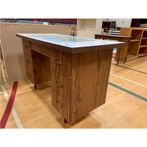 6 DRAWER WOOD DESK WITH WORLD MAP TOP APPROX 30"X47"X23"