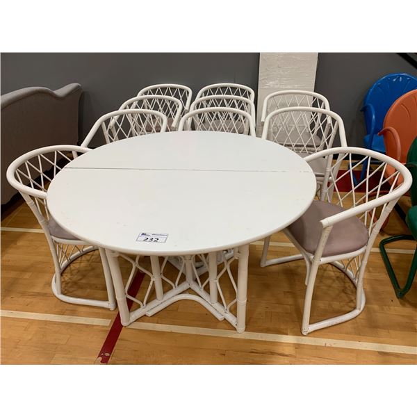 VINTAGE ROUND WOOD TABLE APPROX 29"X47" WITH 2 LEAFS & 10 CHAIRS