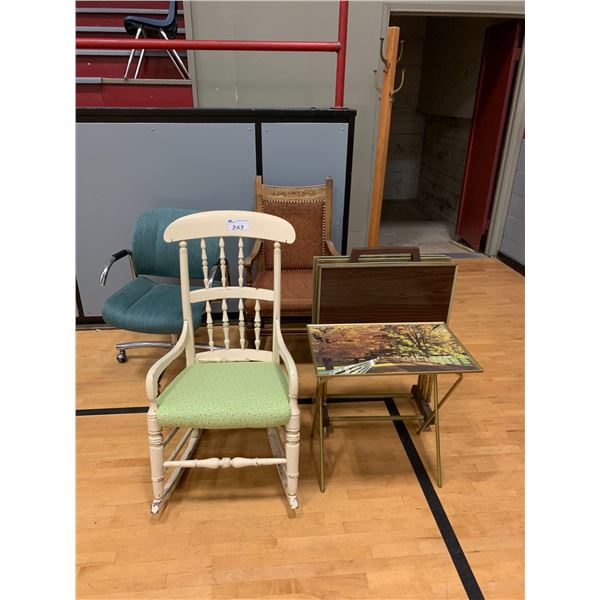 3 ASSORTED CHAIRS, 5 TV TRAYS WITH RACK & COAT RACK