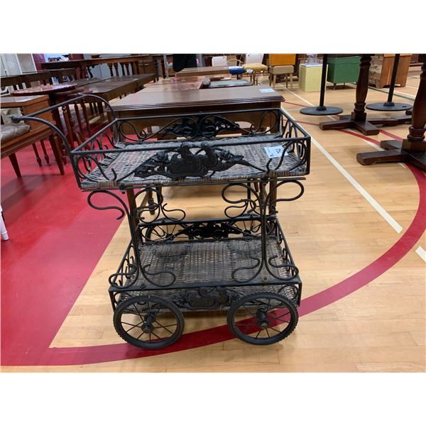 VINTAGE MOBILE METAL & WHICKER SERVING CART