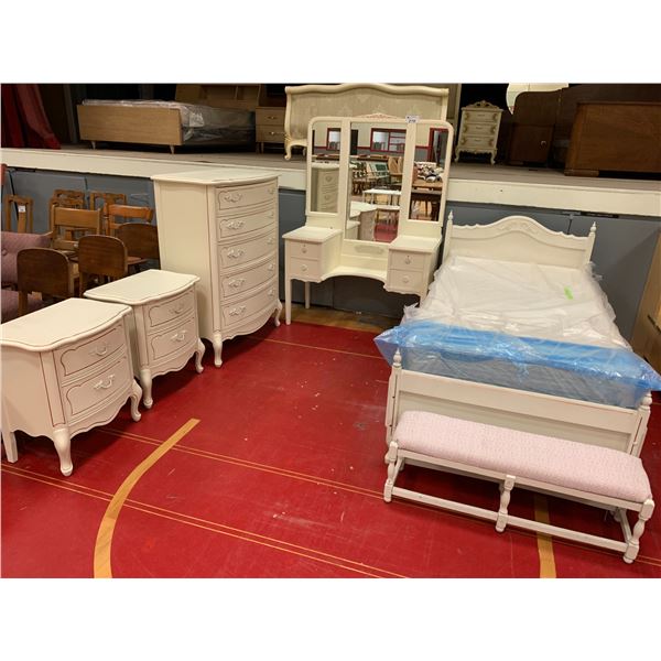 6-PC BEDROOM SET INCLUDING; SINGLE SIZE BED WITH MATTRESS, VANITY, DRESSER, 2 NIGHTSTANDS & BENCH