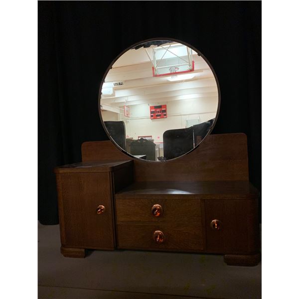 2 DOOR 2 DRAWER WOOD VANITY WITH LARGE ROUND MIRROR APPROX 62 X52 X17 