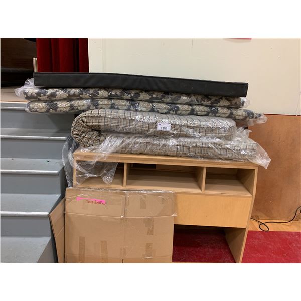 ASSORTED ITEMS INCLUDING; WOOD CABINET, ROUND GLASS TABLE TOP & ASSORTED LARGE CUSHIONS